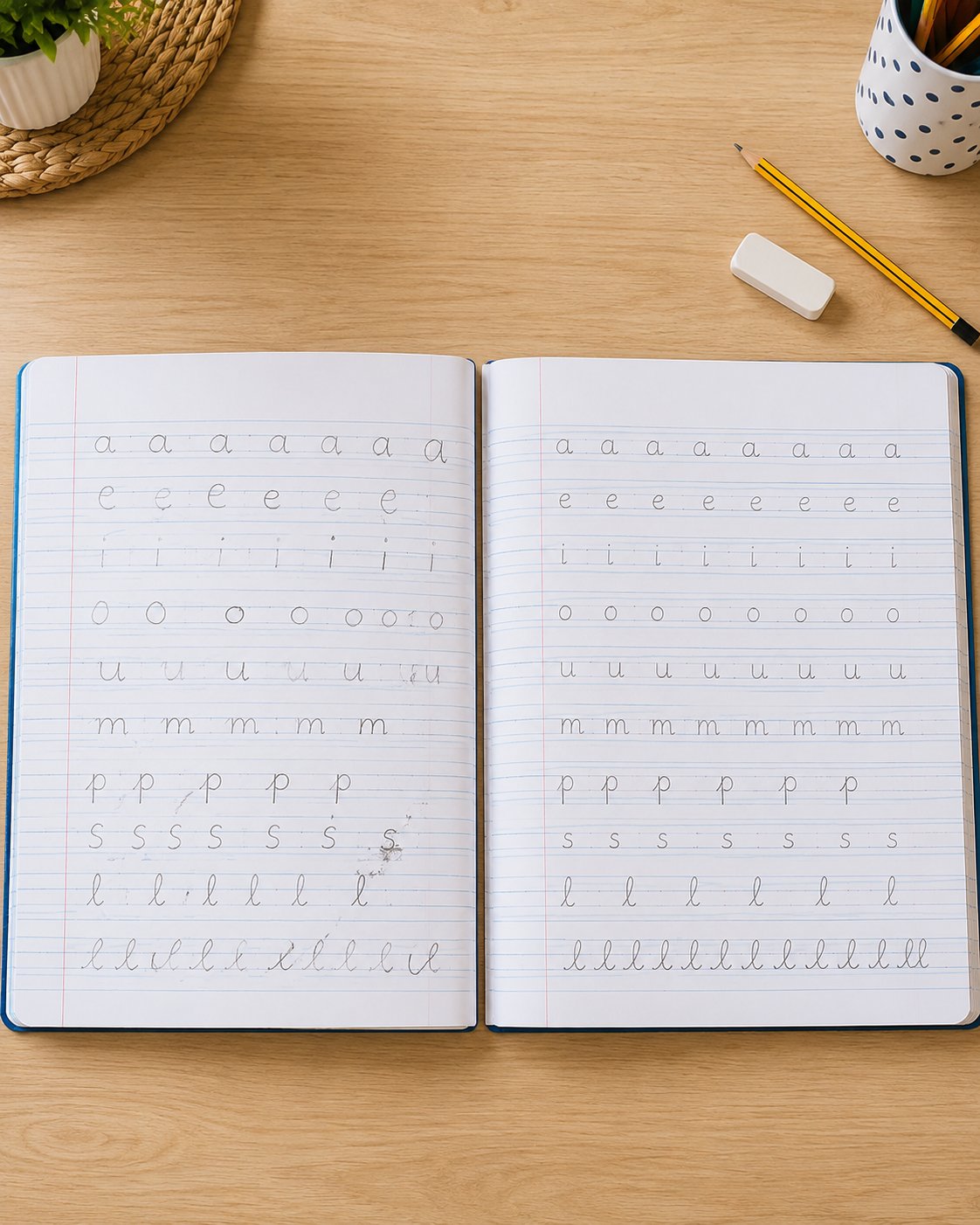Caderno aberto mostrando evolução da caligrafia da criança antes e depois do kit