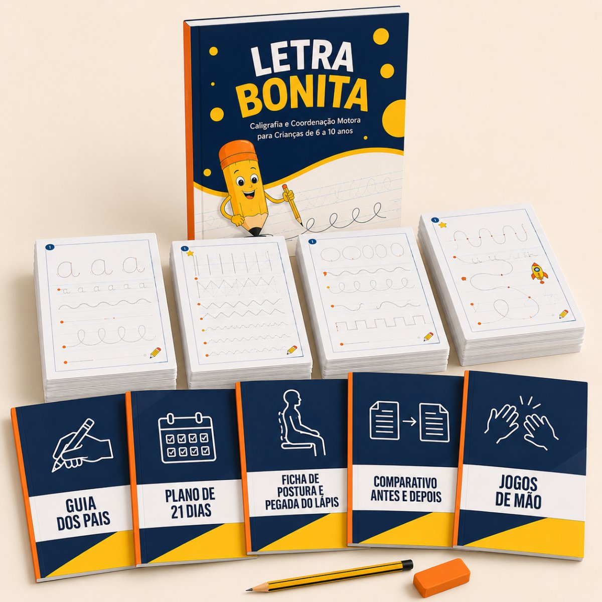 Kit Letra Bonita Completo com apostila principal, folhas de atividades e os 5 bônus impressos